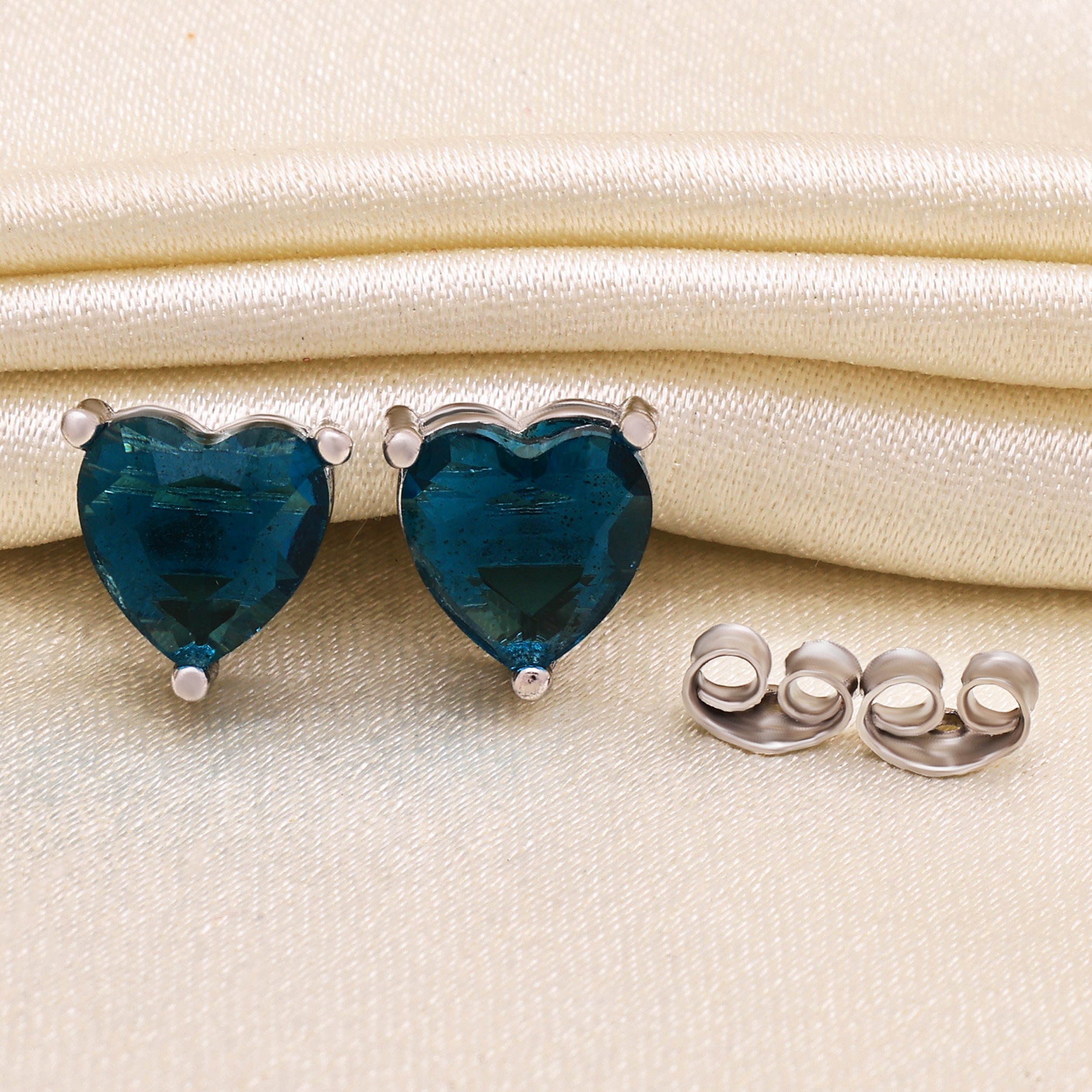 925 Sterling Silver Heart Stud Earrings | Teal Blue Cubic Zirconia Studs