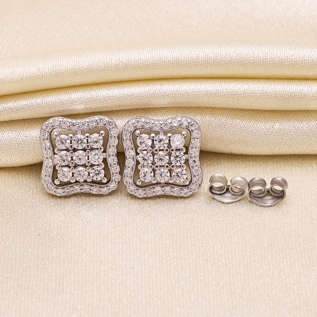 925 Sterling Silver Cluster Stud Earrings | Wavy Square Halo Earrings