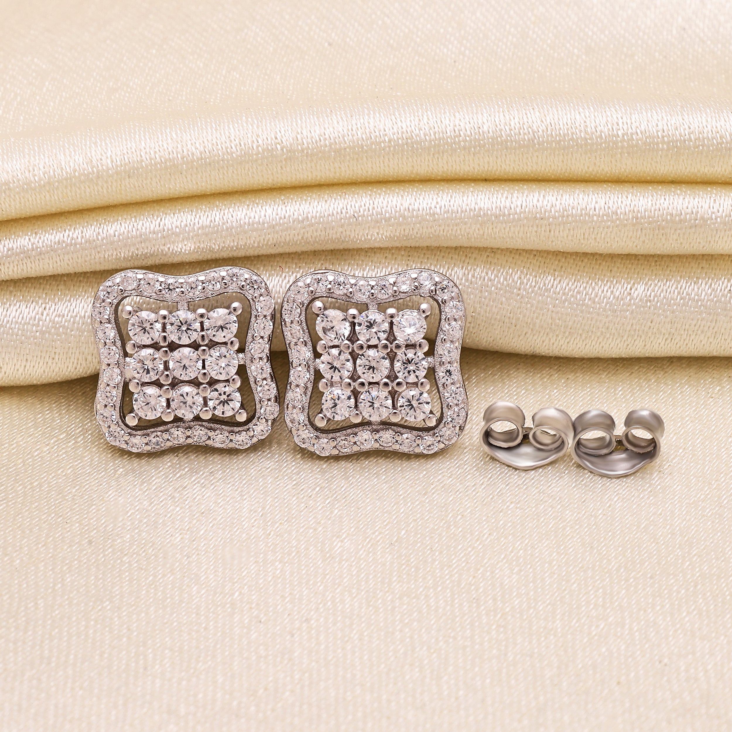 925 Sterling Silver Cluster Stud Earrings | Wavy Square Halo Earrings