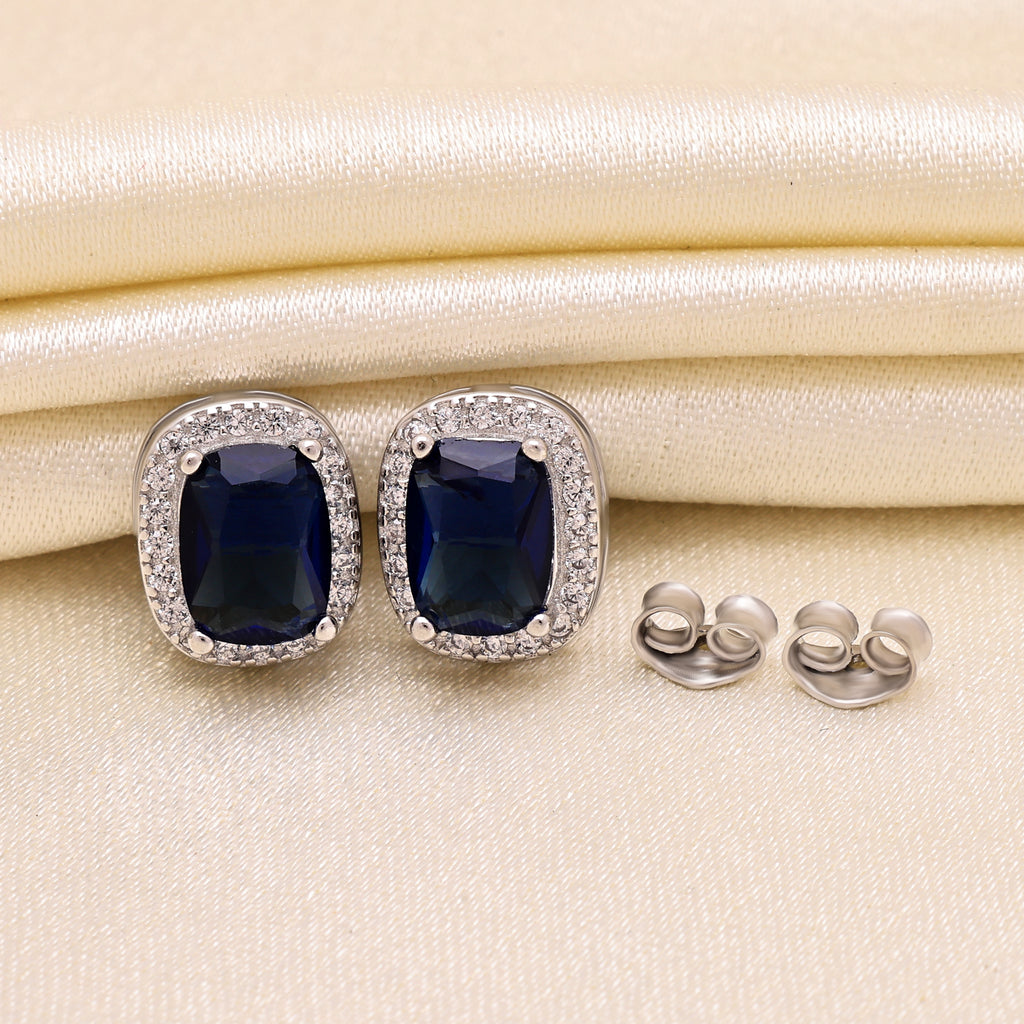 925 Sterling Silver Oval Blue Stud Earring | Cubic Zirconia Halo Studs