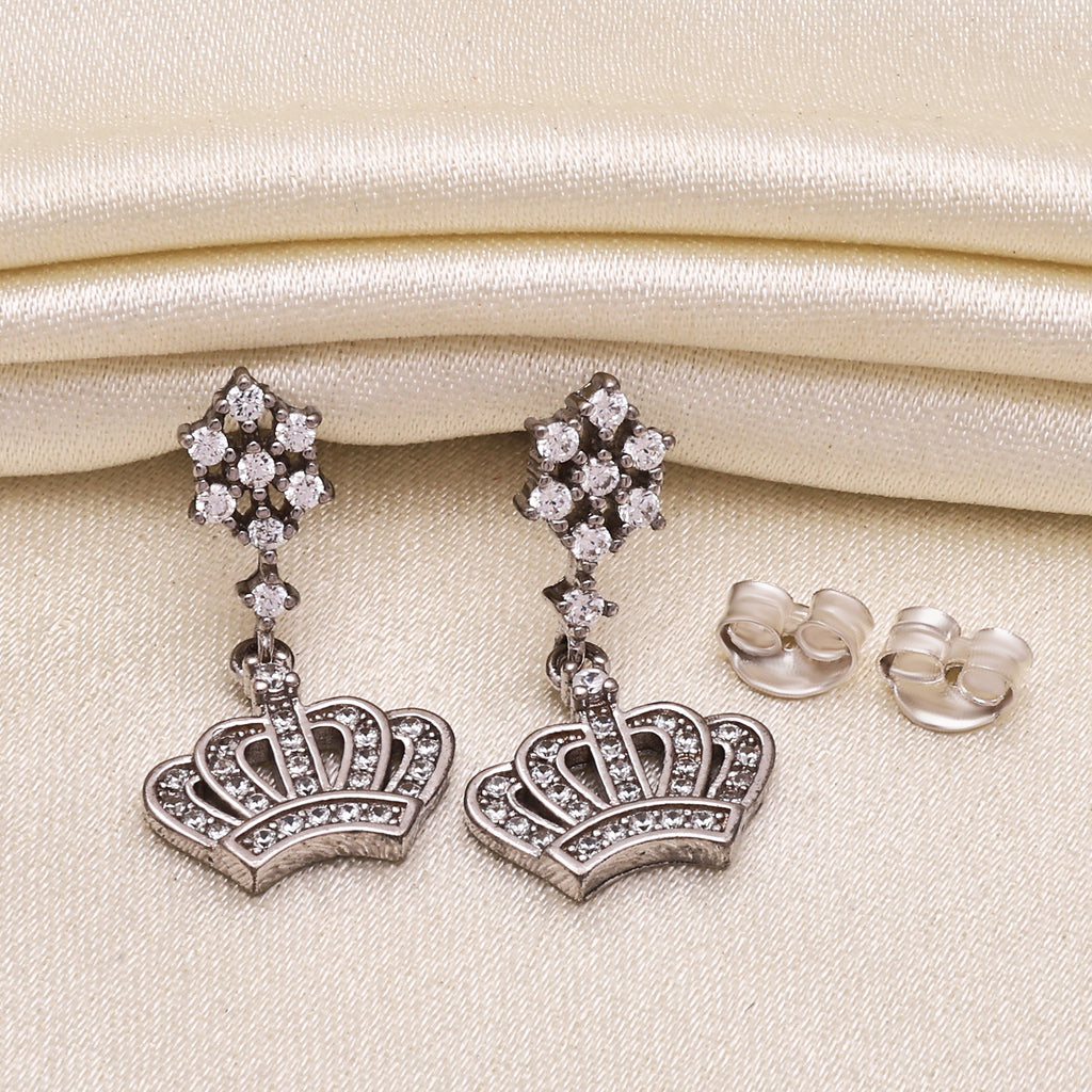 925 Sterling Silver Crown Dangle Earrings | Cubic Zirconia Round Brilliant Cut