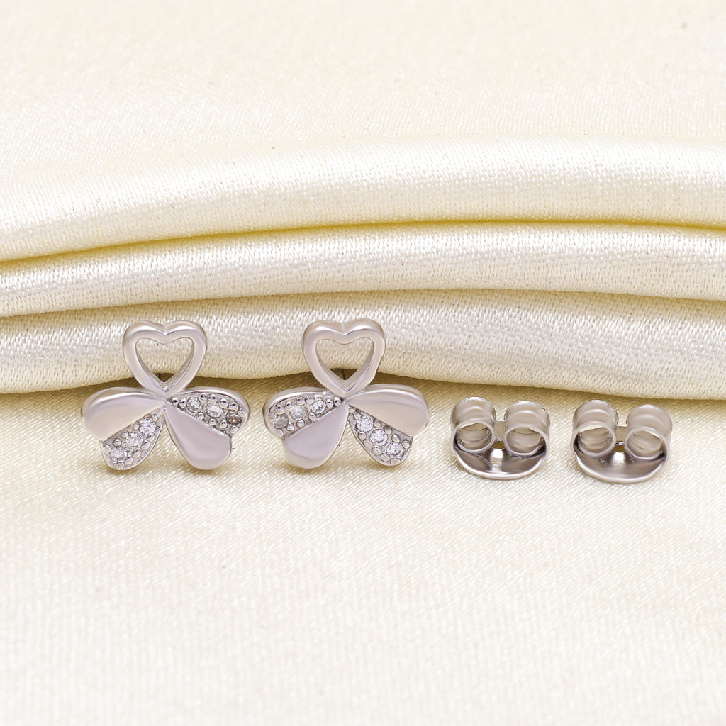 925 Sterling Silver Heart Clover Earrings | CZ Studs | Lucky Charm Gift