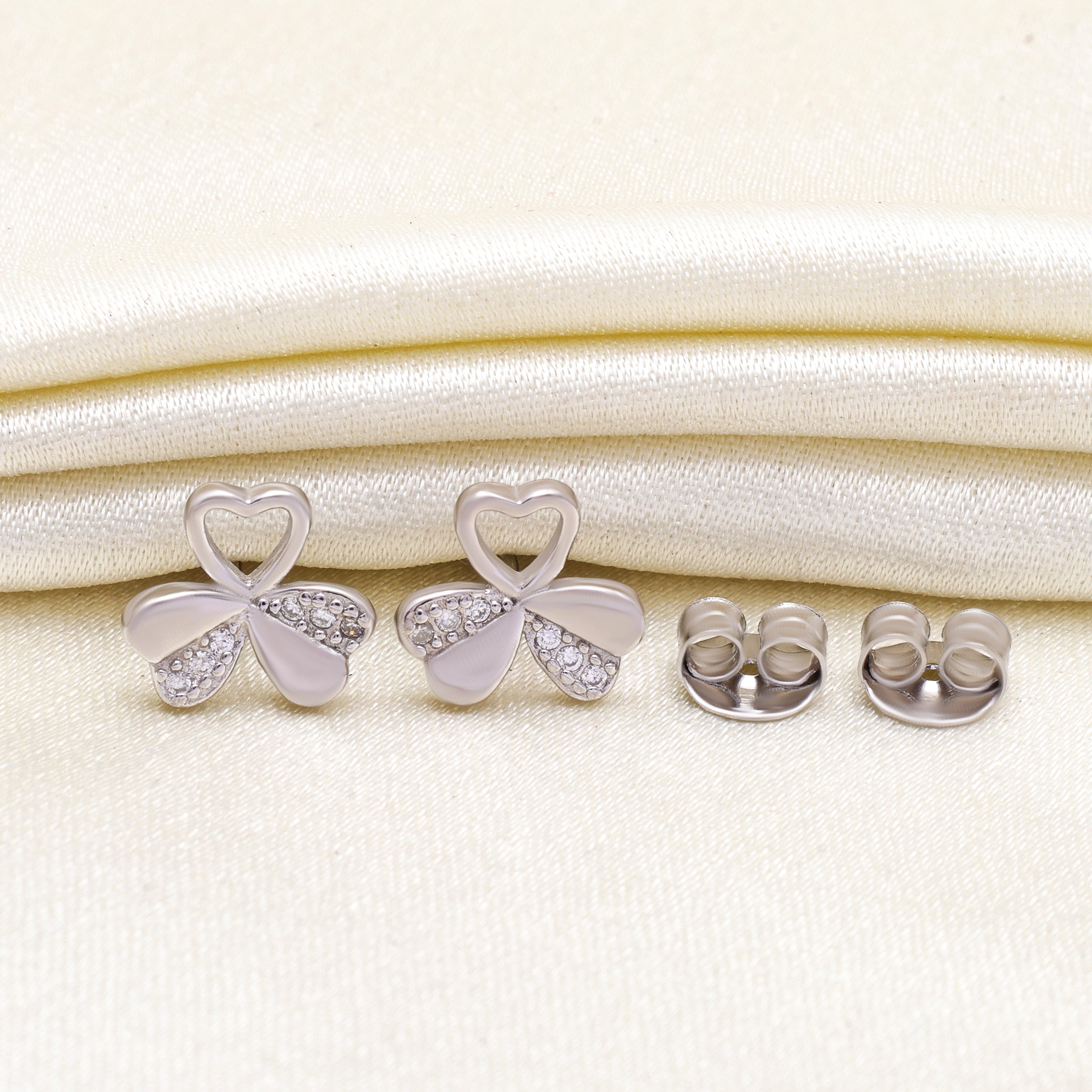 925 Sterling Silver Heart Clover Earrings | CZ Studs | Lucky Charm Gift
