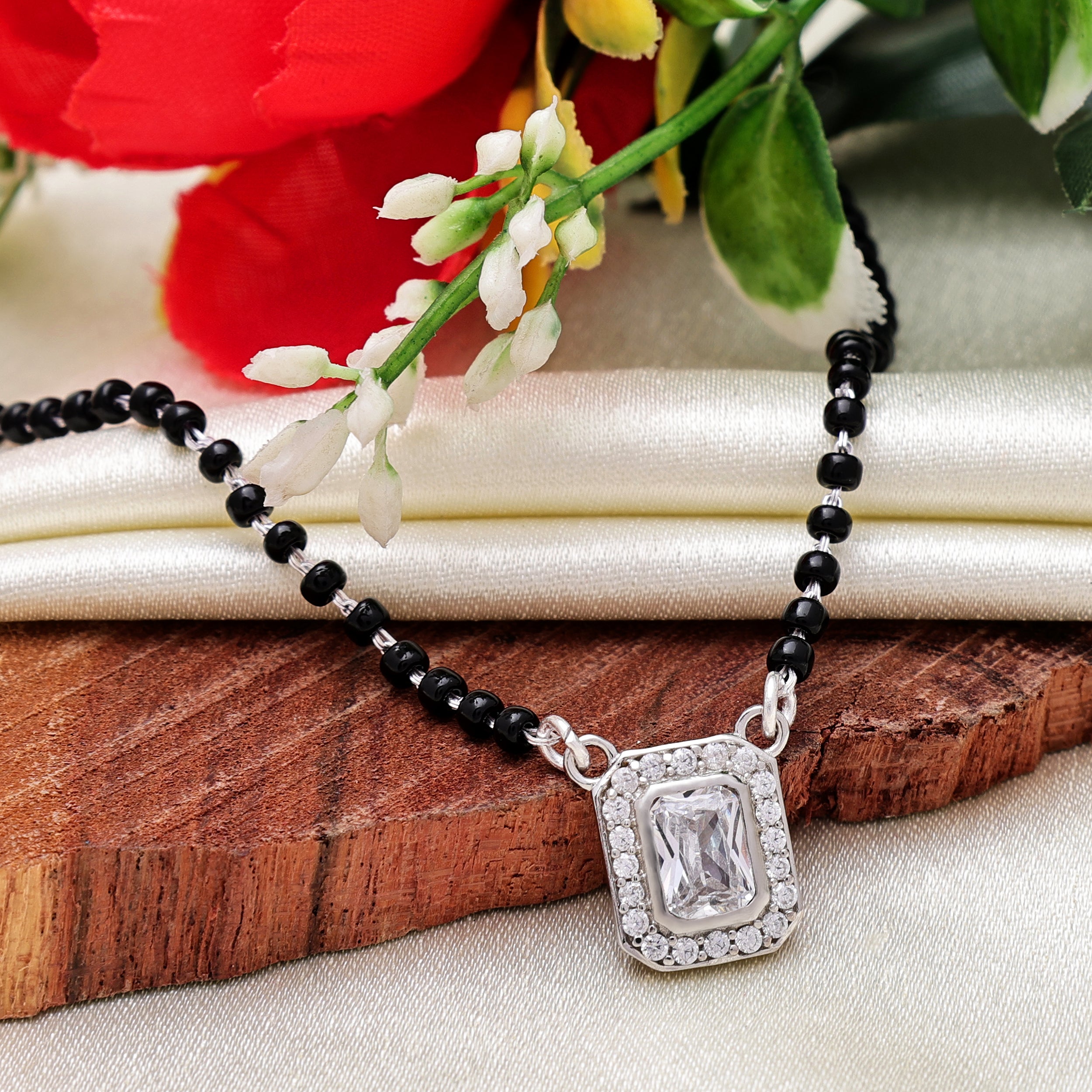 925 Sterling Silver Mangalsutra Chain |Round & Rectangle CZ Pendant