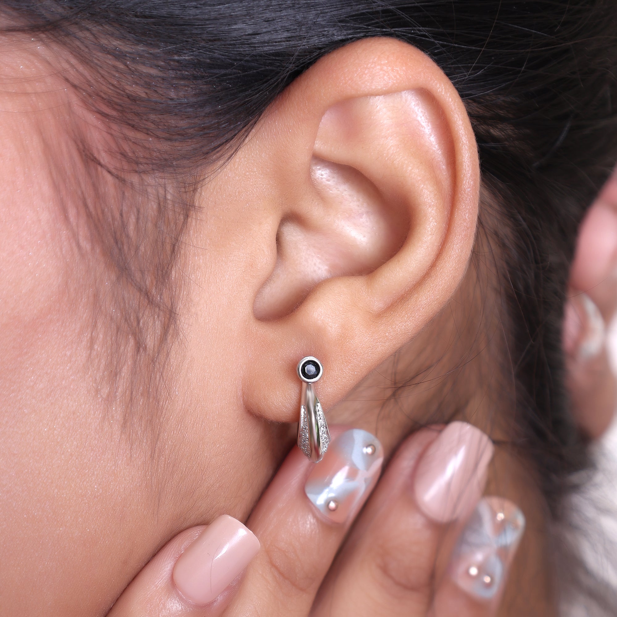 Cubic Zirconia Brutalist Hoop Earring – Sterling Silver Rhodium Finish Bridal Gift