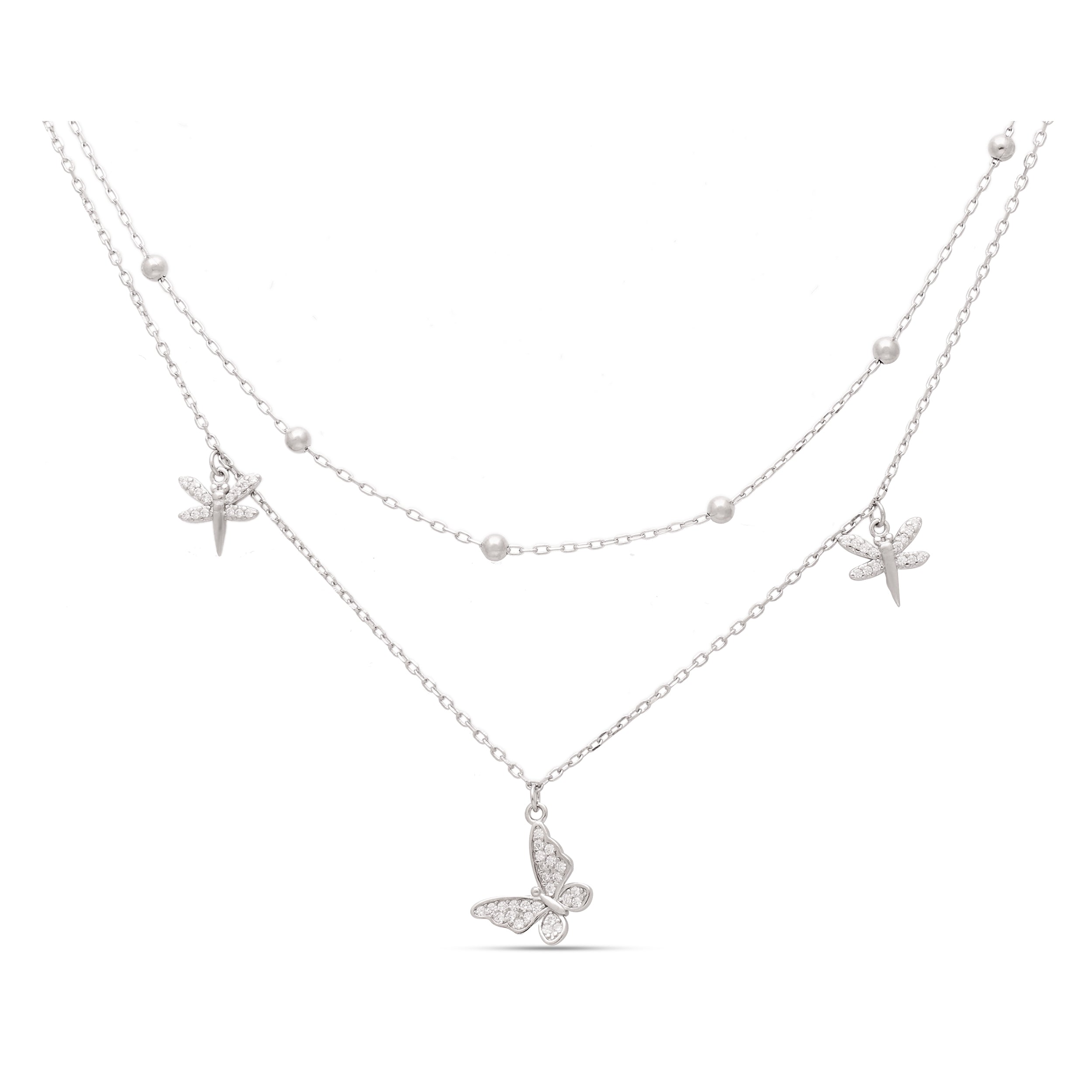 925 Sterling Silver Layered Necklace |Butterfly & Dragonfly Pendant