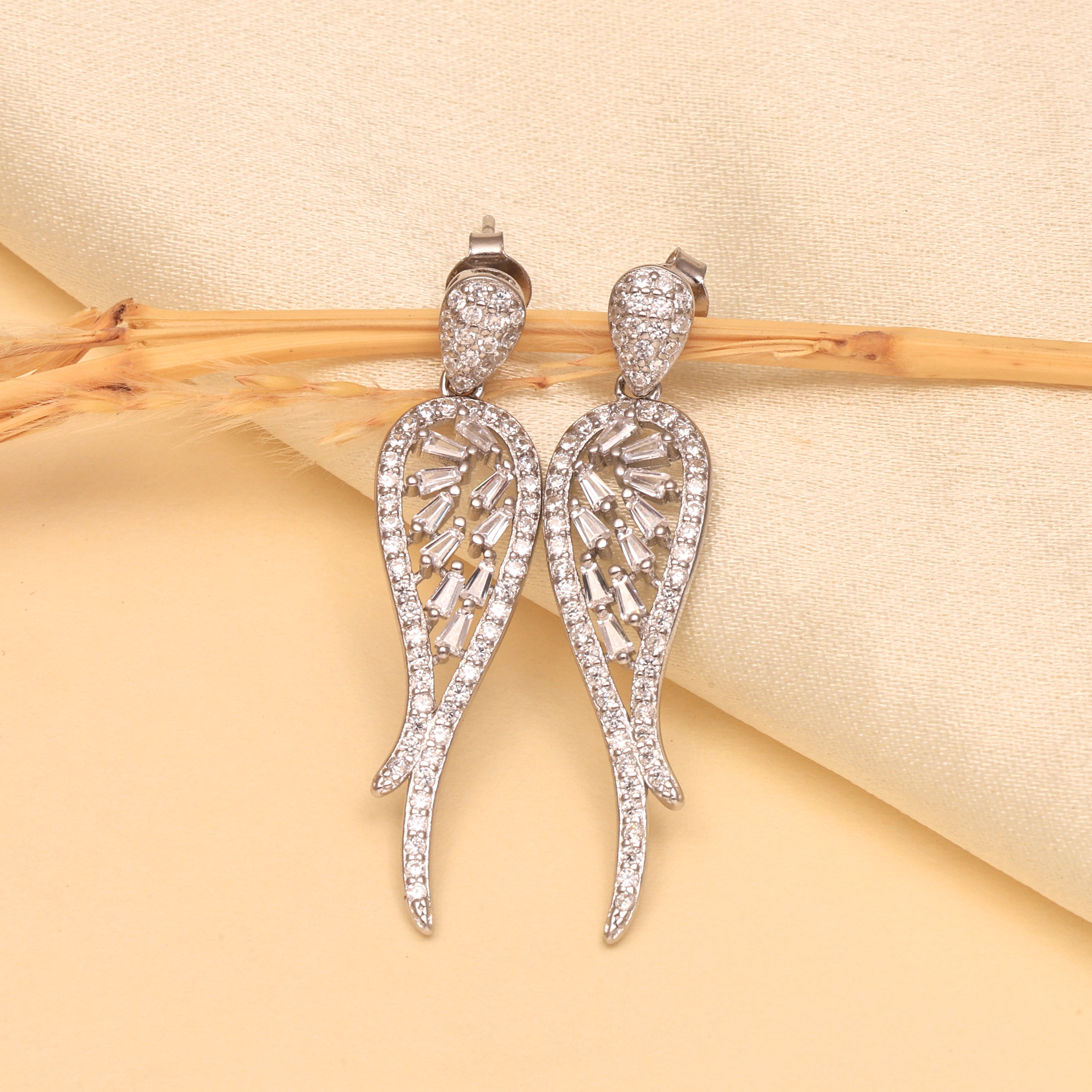 925 Sterling Silver Angel Wing Earrings | Cubic Zirconia Drop Earrings