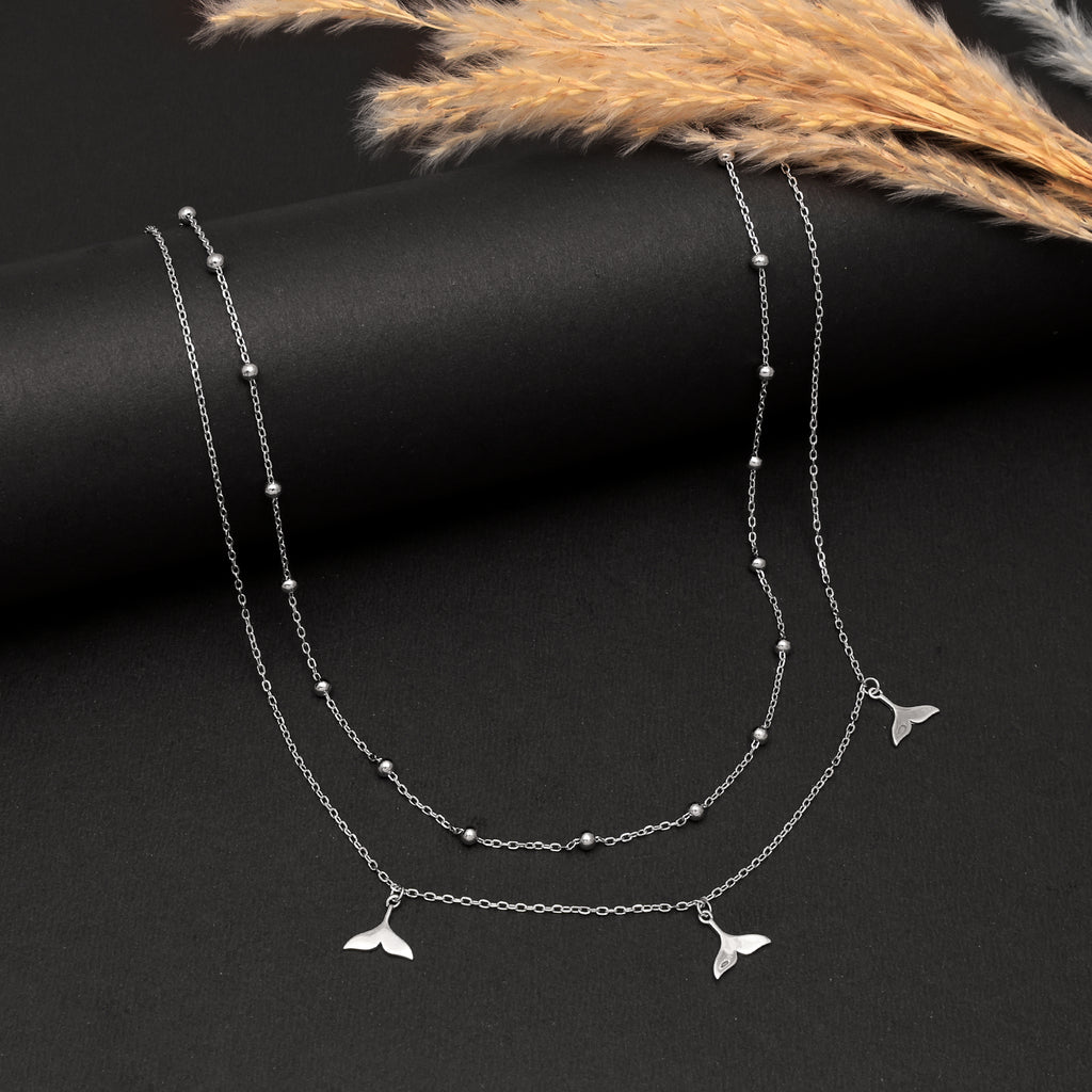 925 Sterling Silver Whale Tail Necklace Set | Double Layered with Cubic Zirconia