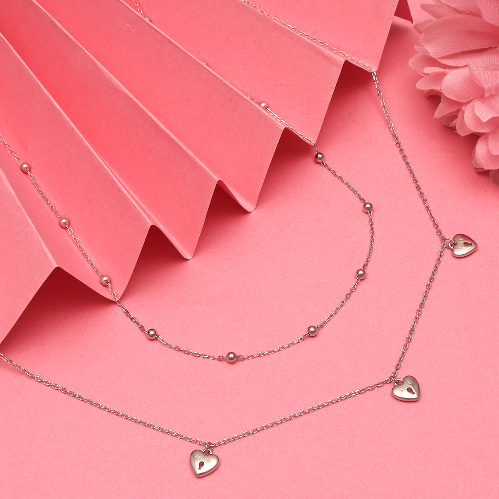 925 Sterling Silver Layered Necklace with Heart Lock Pendant