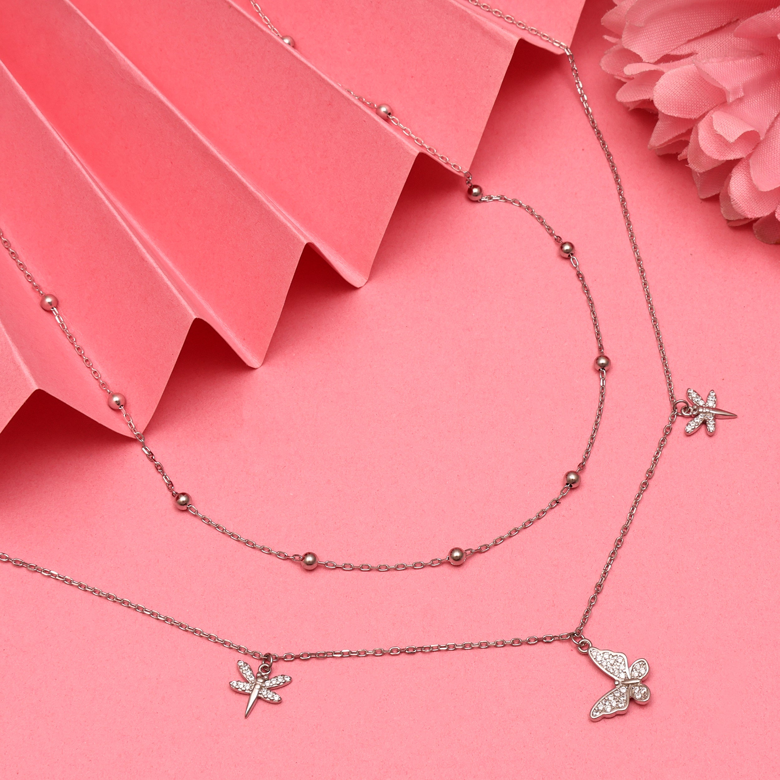 925 Sterling Silver Layered Necklace |Butterfly & Dragonfly Pendant