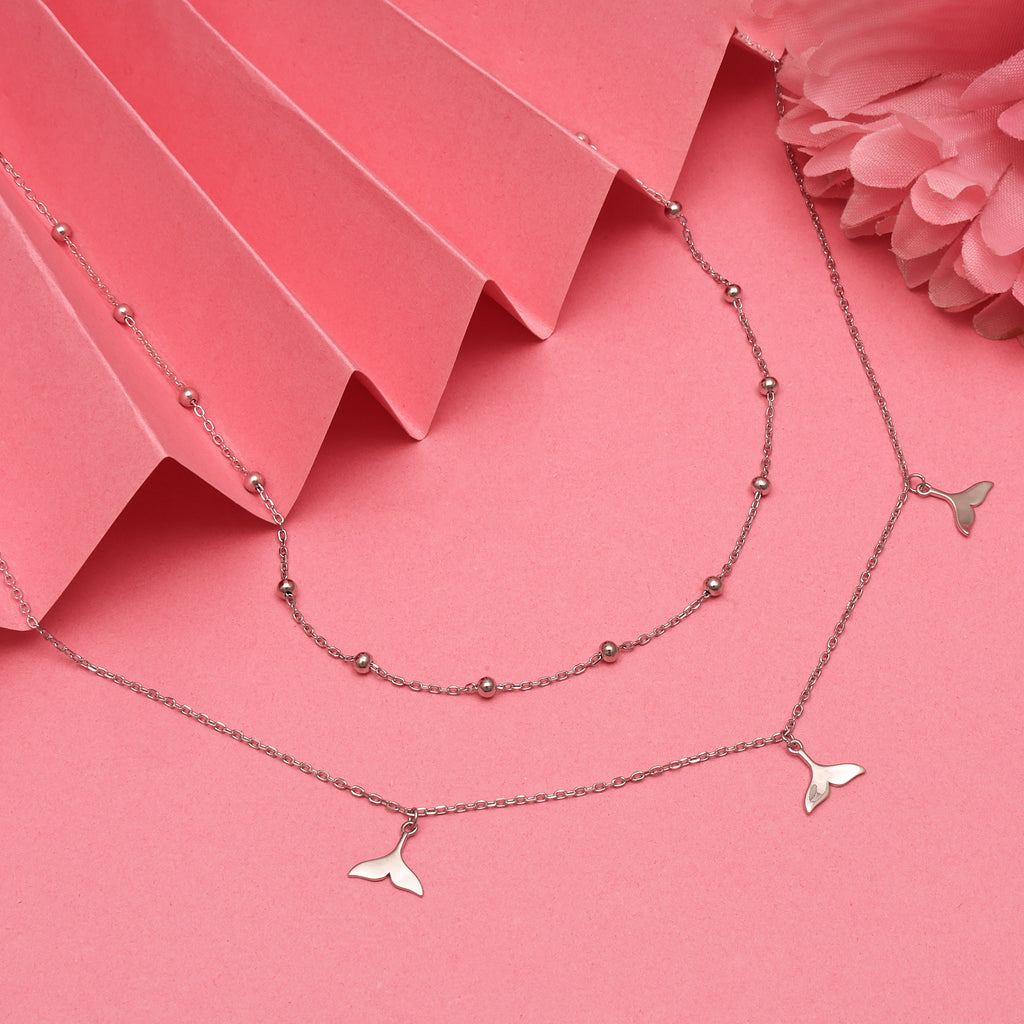 925 Sterling Silver Whale Tail Necklace Set | Double Layered with Cubic Zirconia