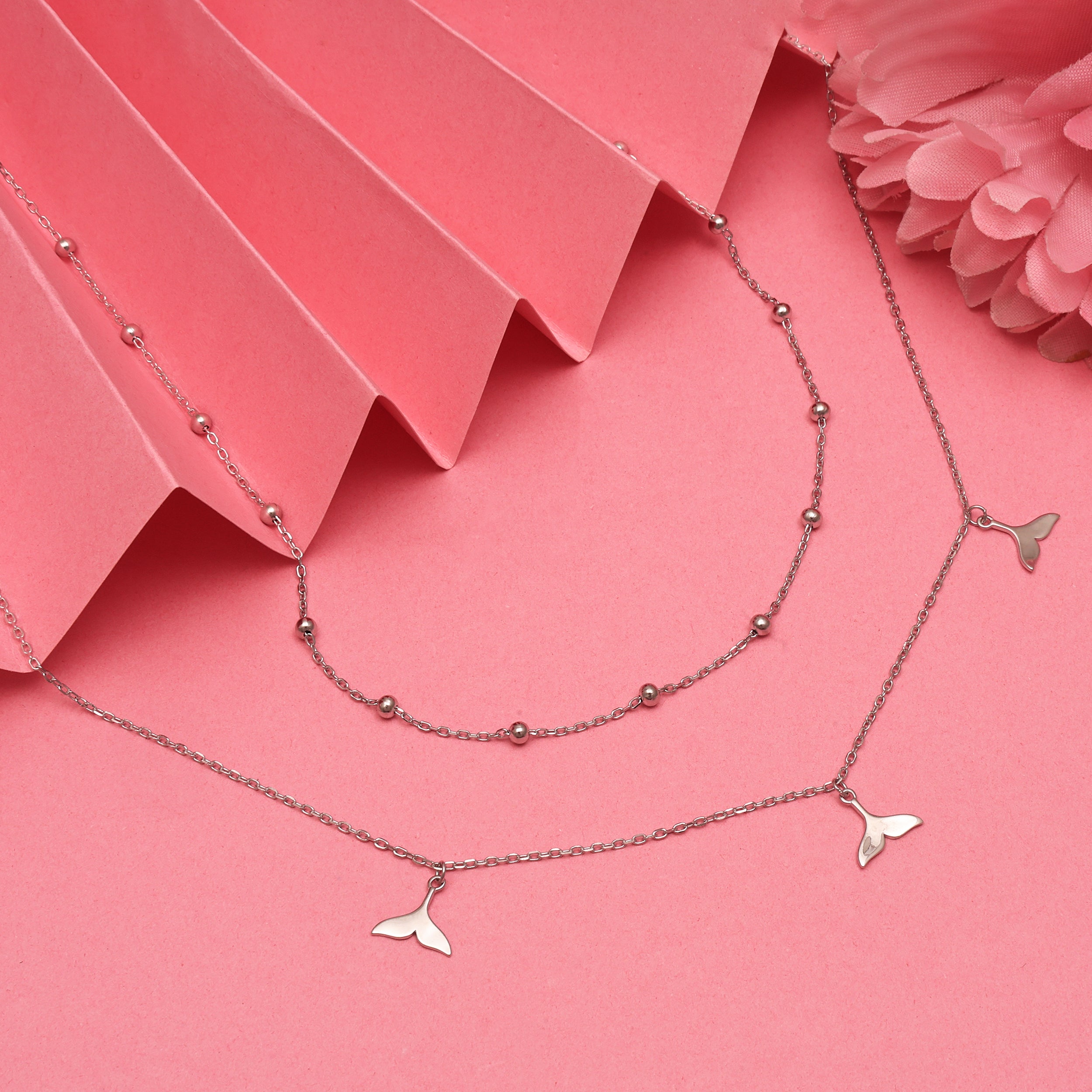 925 Sterling Silver Whale Tail Necklace Set | Double Layered with Cubic Zirconia
