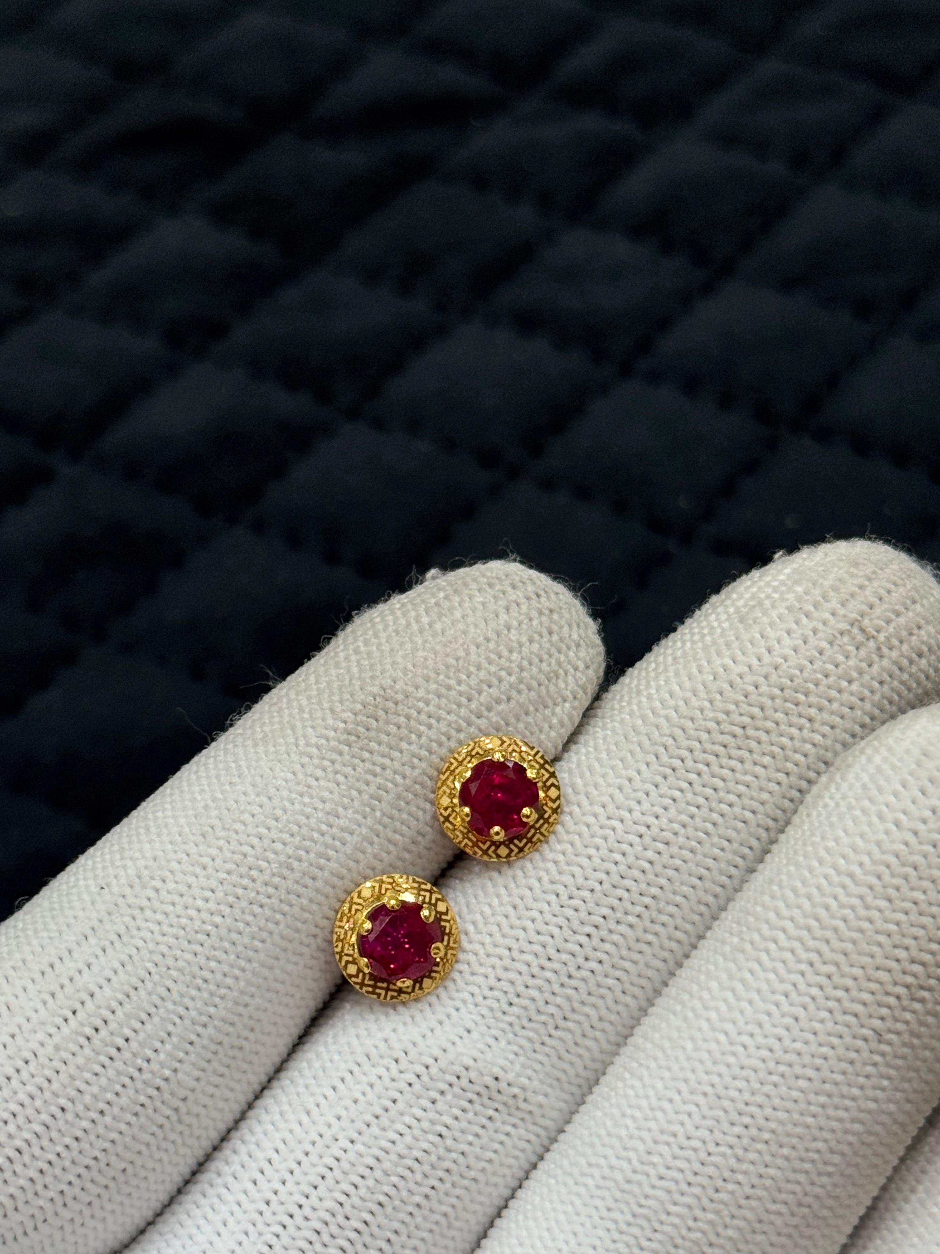 18kt Hallmarked Gold Stud Earrings | Round Red Cubic Zirconia Studs