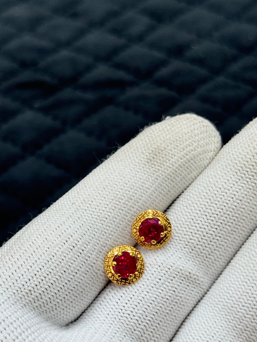 18kt Hallmarked Gold Stud Earrings | Round Red Cubic Zirconia Studs