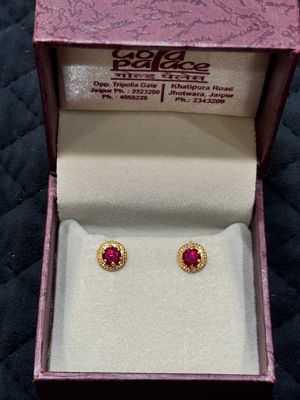 18kt Hallmarked Gold Stud Earrings | Round Red Cubic Zirconia Studs
