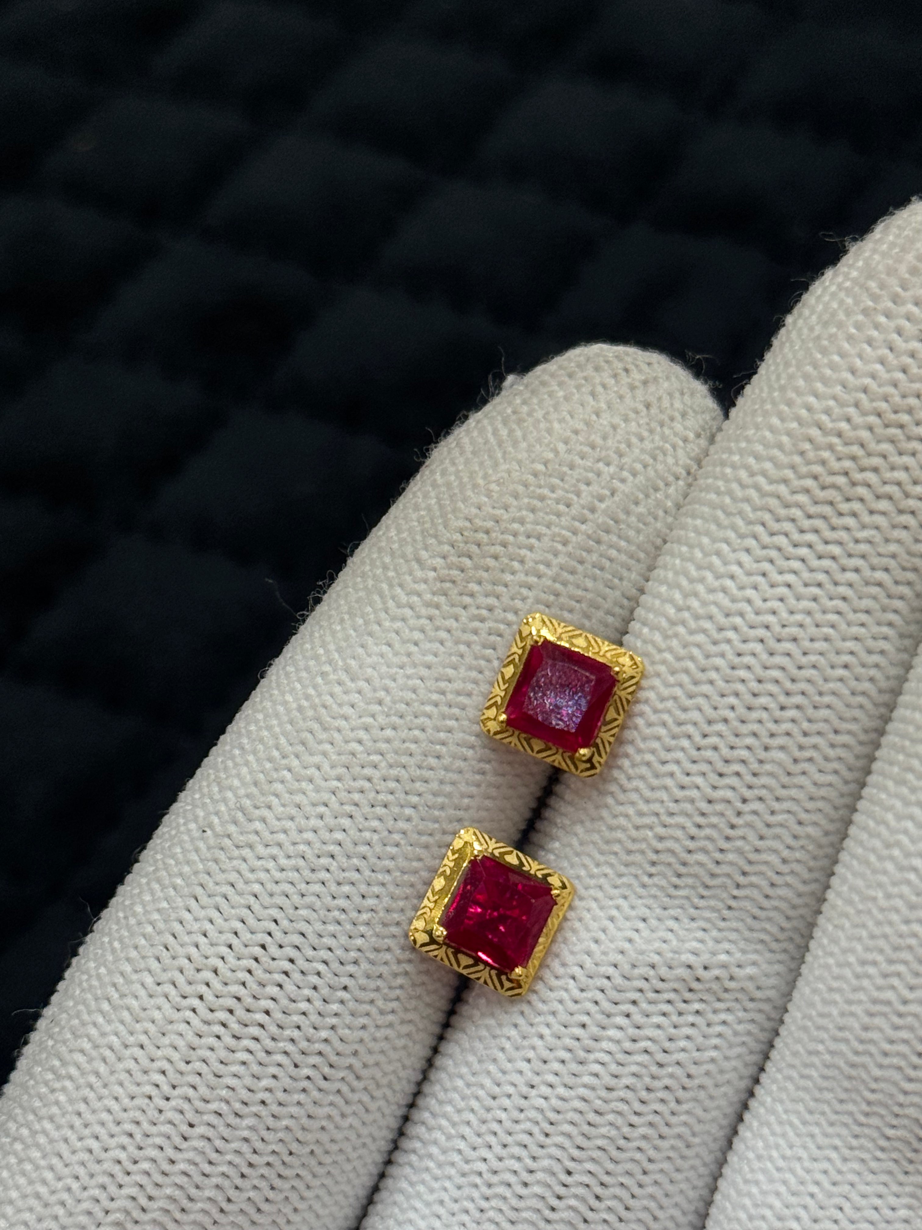 18kt Hallmarked Gold Stud Earrings | Square Red Cubic Zirconia Studs
