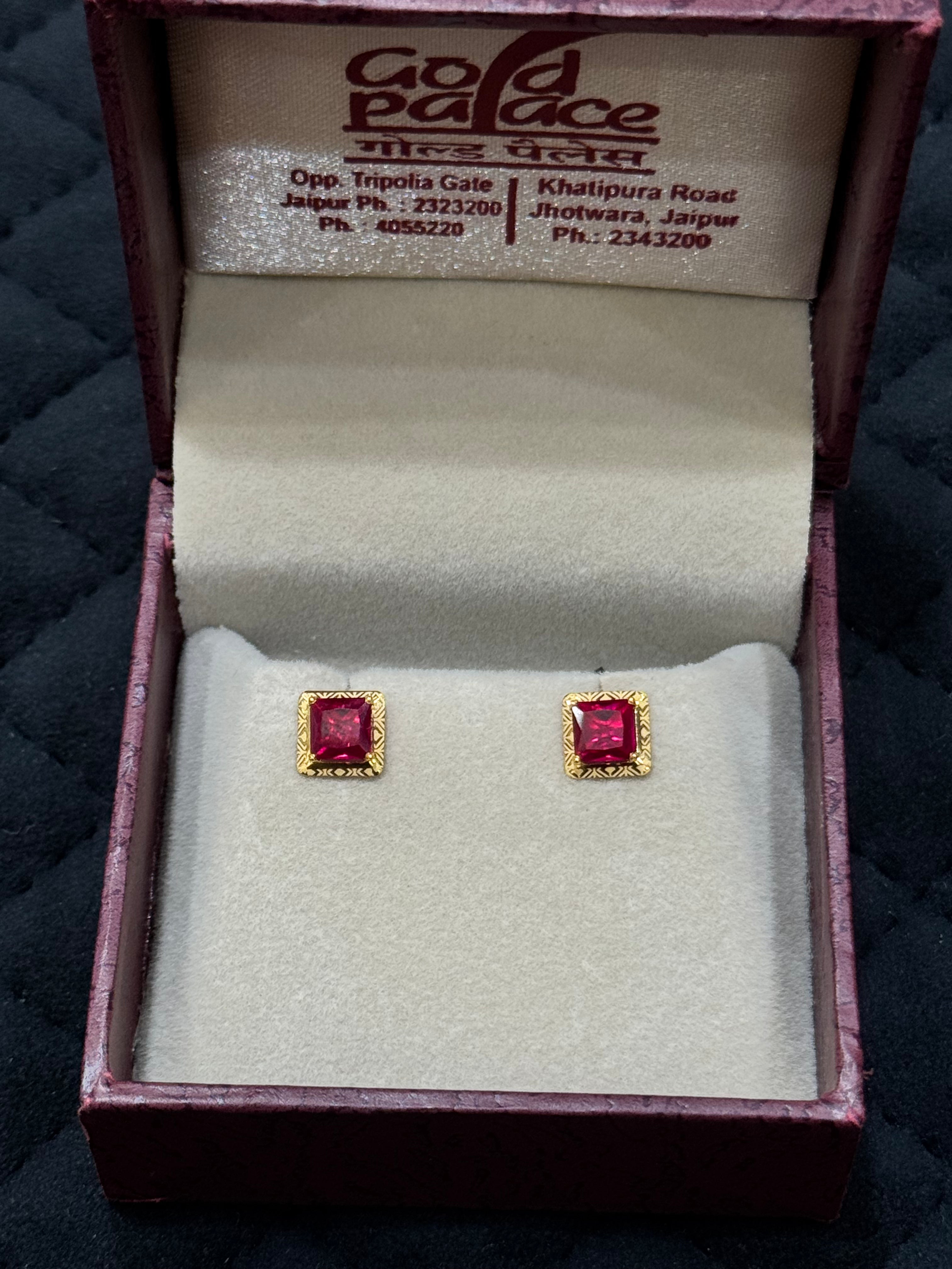 18kt Hallmarked Gold Stud Earrings | Square Red Cubic Zirconia Studs