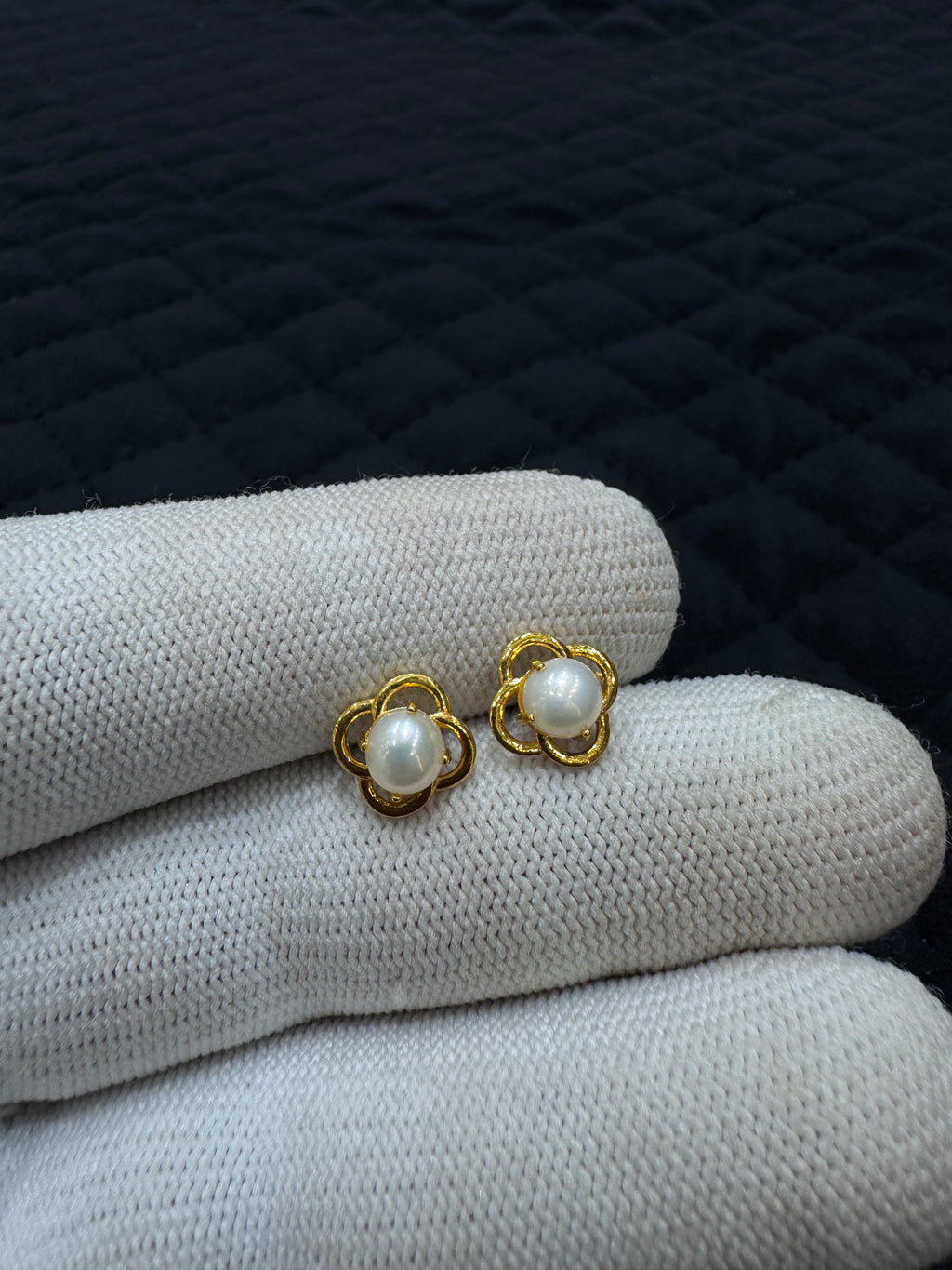 22KT Hallmarked Gold Earrings with Pearl and Round Brilliant Rhodium Detailing Everyday Wear