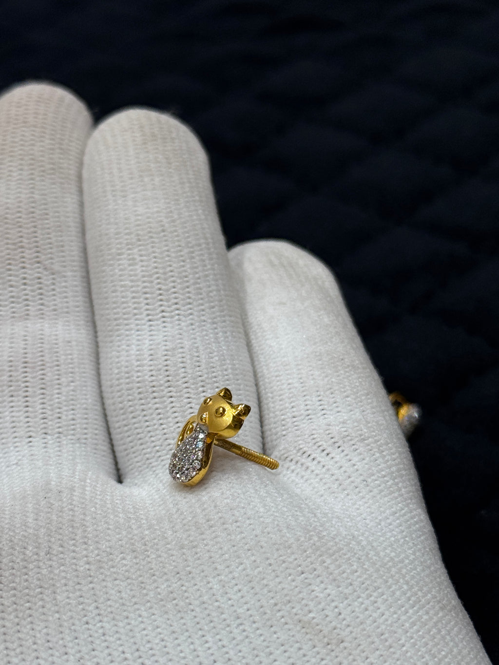 22KT Hallmarked Gold Stud Earrings with Brilliant CZ Stone Cat Screw Back Earring