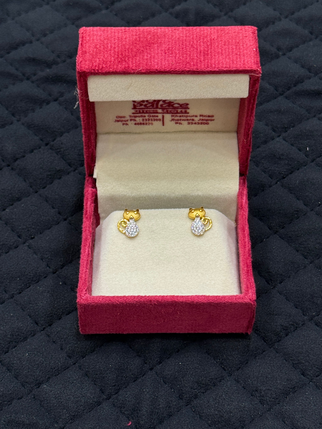 22KT Hallmarked Gold Stud Earrings with Brilliant CZ Stone Cat Screw Back Earring