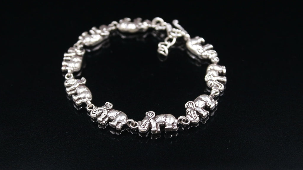 Sterling Silver Elephant Bracelet Oxidized Thick Long Heavy Chain Bracelet