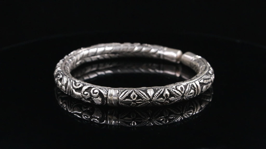 Engraved Floral Sterling Silver Cuff Bangle Handmade Adjustable Bracelet