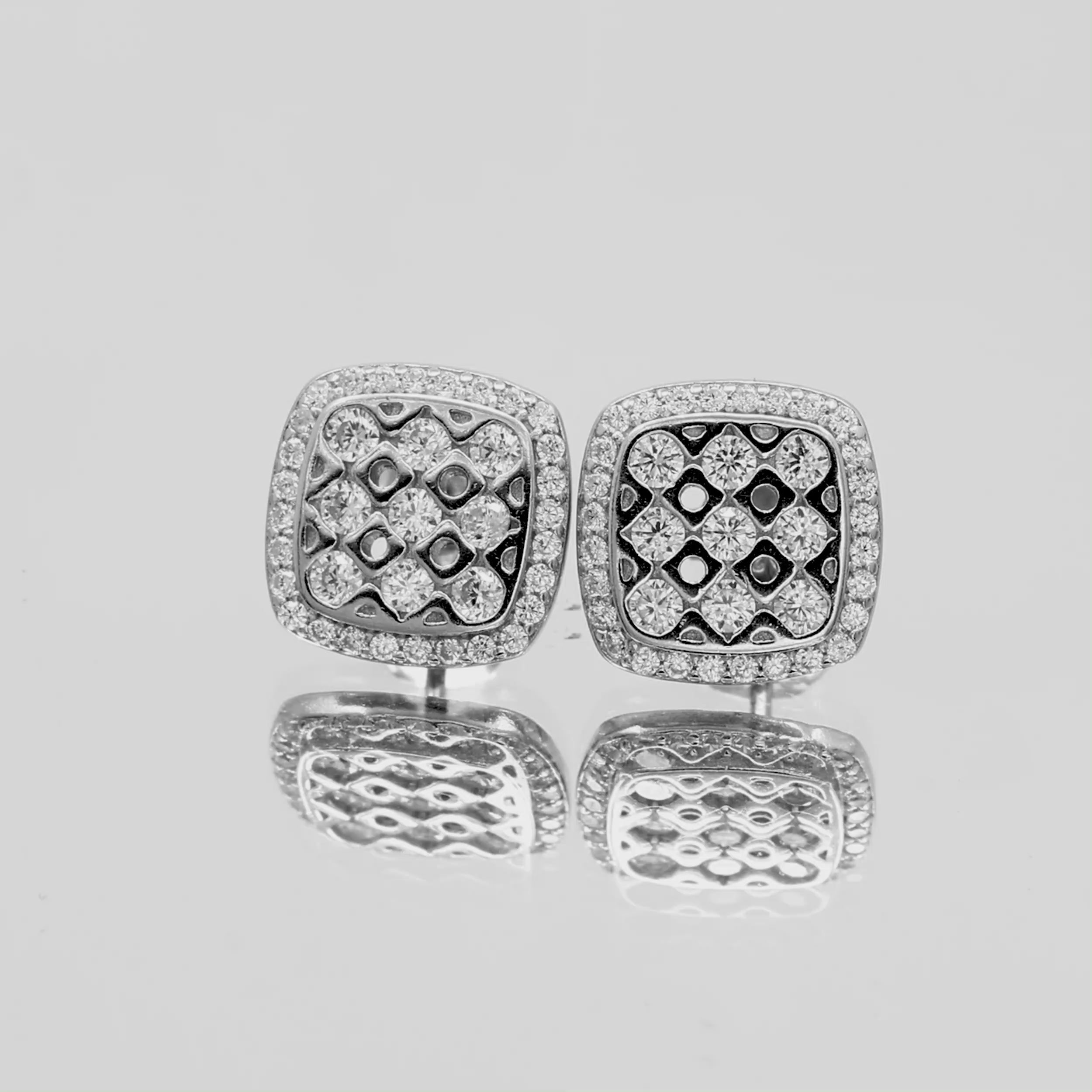 925 Sterling Silver Square Stud Earrings ~Halo CZ Earrings for Women