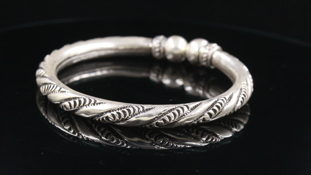 925 Sterling Silver Matte Finish Engraved Flower Cuff Bangle