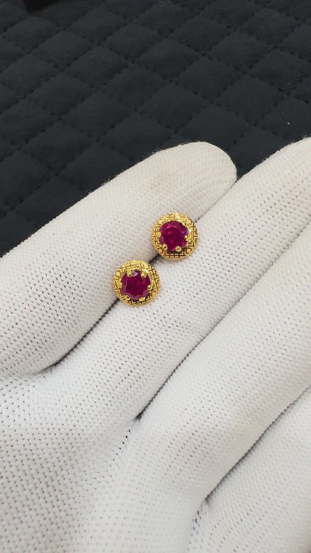 18kt Hallmarked Gold Stud Earrings | Round Red Cubic Zirconia Studs