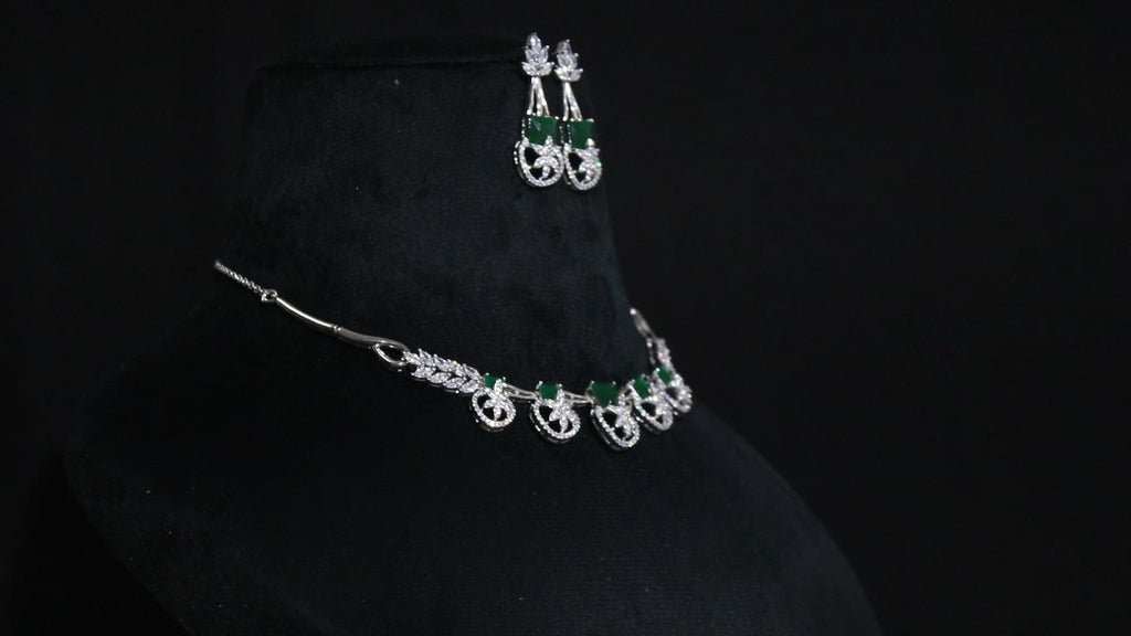 Rhodium-Plated CZ Necklace and Earrings Jewelry Set Party Wear Jewellery