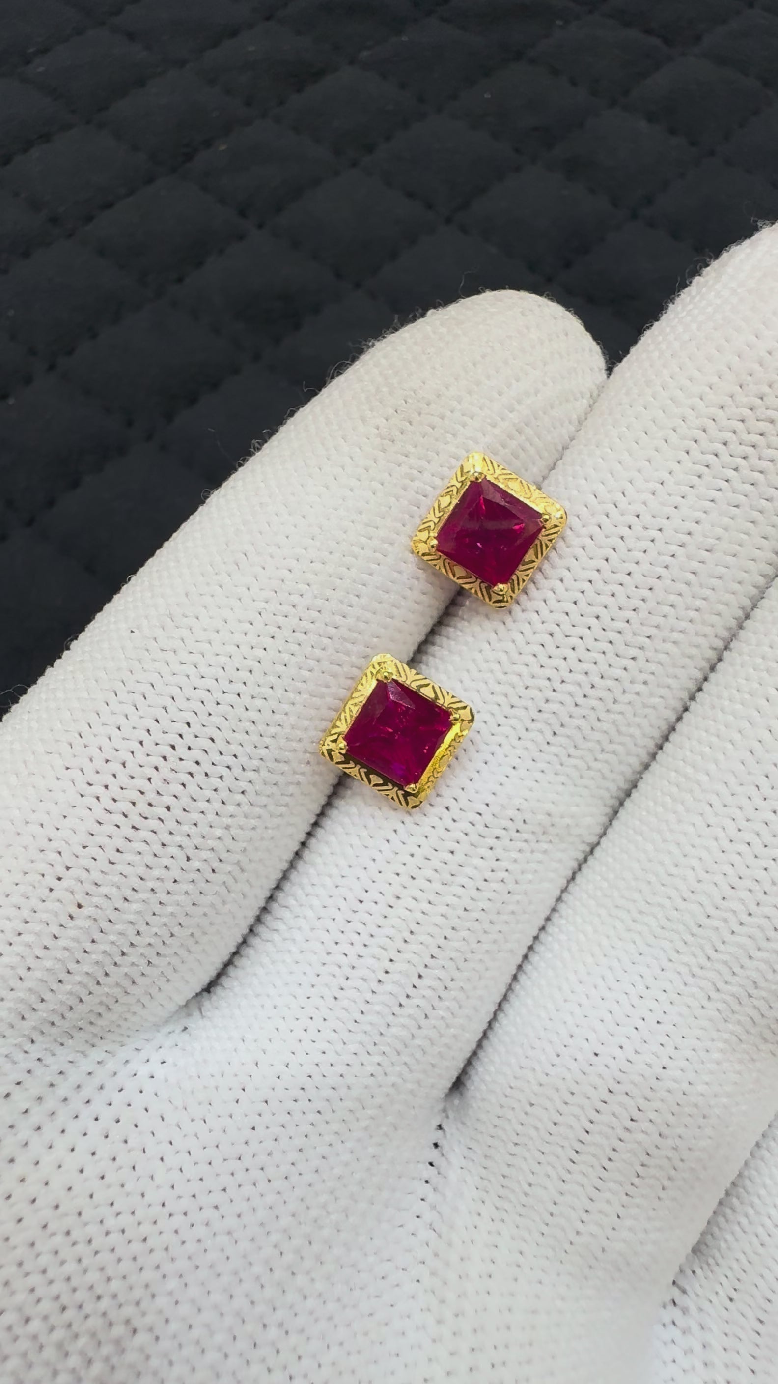 18kt Hallmarked Gold Stud Earrings | Square Red Cubic Zirconia Studs