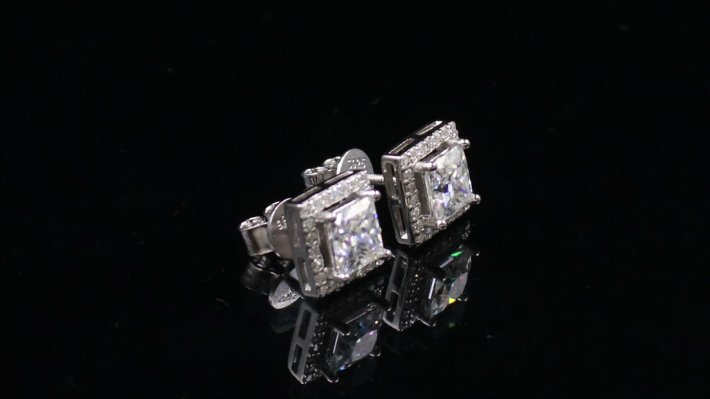 Rhodium-Plated 925 Sterling Silver Moissanite Princess Cut Stud Earrings Party Wear